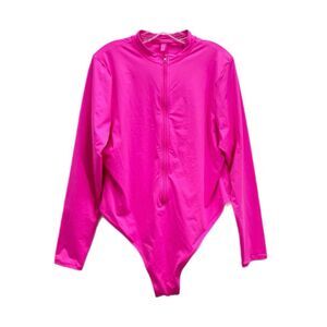 Skims Signature Swim Women Plus Zip-Front One Piece 4XL Long Sleeve Taffy Pink